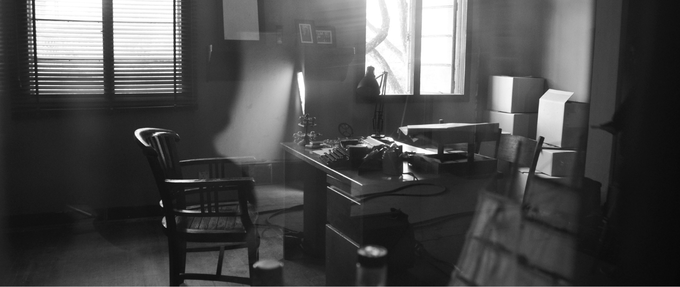 b&w photo of a traditional detective office