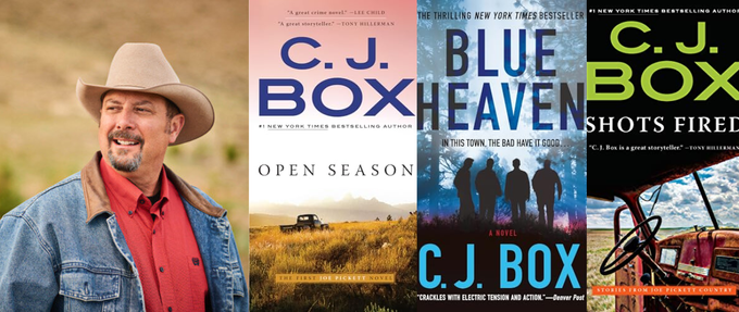 a photo of cj box and three of his book covers