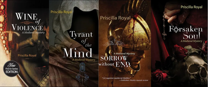 four book covers from Priscilla Royal's medieval mystery series