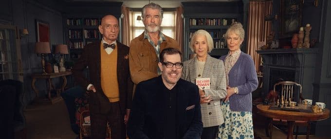 Sir Ben Kingsley, Pierce Brosnan, Helen Mirren, Celia Imrie, and Richard Osman pose together.