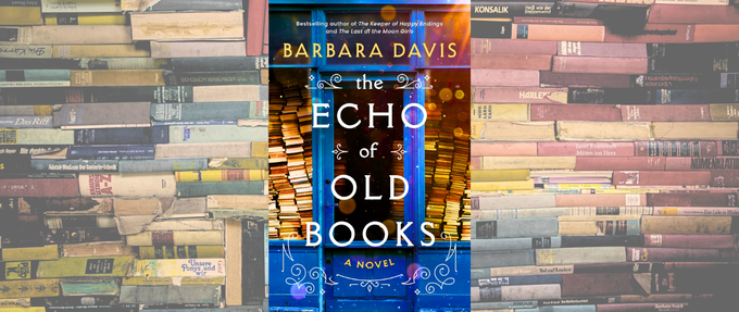 echo of old books book cover and photo of book pile behind it