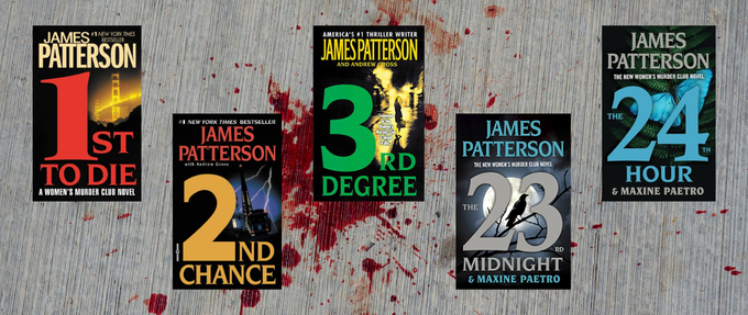 5 book covers from James Patterson's women's murder club series on blood spatter background