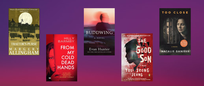 5 mystery and thriller book covers on purple gradient background
