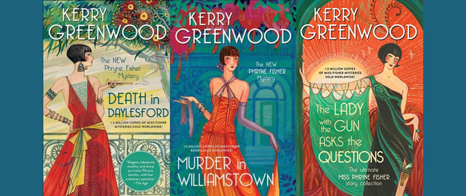 three miss fisher murder mystery book covers on teal background