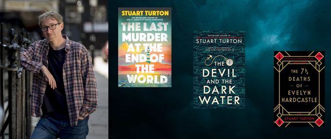 a photo of stuart turton and three of his book covers