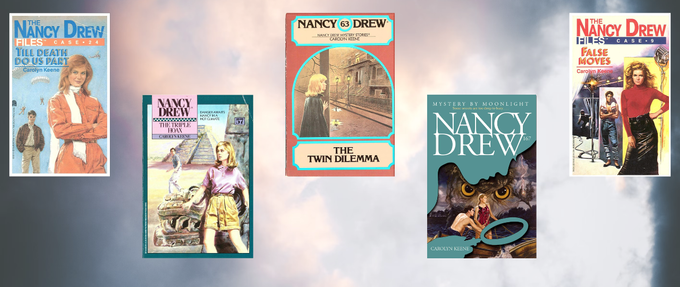 nancy drew book covers on cloudy background
