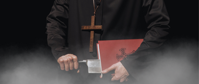 photo of a priest or clergyman pulling a knife from out of a red book